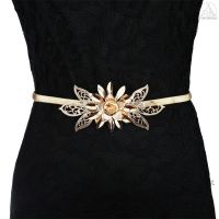 【hot sale】 ▨ B55 Tfh★ Fashion Women Lady Gold Metal Chain Belt Flower Embellishment Elastic Waist Strap Belt All-Match Cummerbund Gold