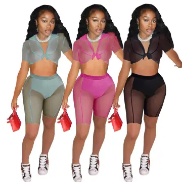 Sexy Sheer Mesh Two Piece Set Women Going Out Club Outfits Bandage