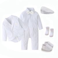 เด็ก Baptism ชุดเด็กผ้าฝ้ายเด็กวัยหัดเดิน Christening ชุด Overalls เสื้อกั๊ก Beret รองเท้าถุงเท้าเด็กชุด Elegant Boy Boutique Clothes