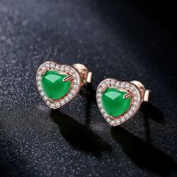 S925 sterling silver green chalcedony Love Earrings full of diamond gem heart-shaped Earrings micro set zircon emerald Earrings female 0O55 0O55