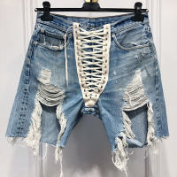 2021TWOTWINSTYLE Bandage Denim Short For Women High Waist Patchwork Tassel Sexy Casual Shorts Female Fashion New Clothing Summer