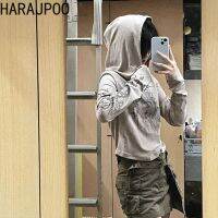 T005 Harajpoo Wind Punk วัฒนธรรมย่อย Y2K มีฮู้ด2023ผู้หญิงเสื้อตัวสั้นความรู้สึกดีไซน์ใหม่