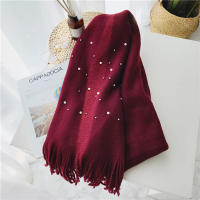 Luna&amp;Dolphin Women Winter Scaves Warm Knitted White Pearl Nail Bead Soft Scarves Tassel Woolen Big Tippet Pashmina Blanket Shawl