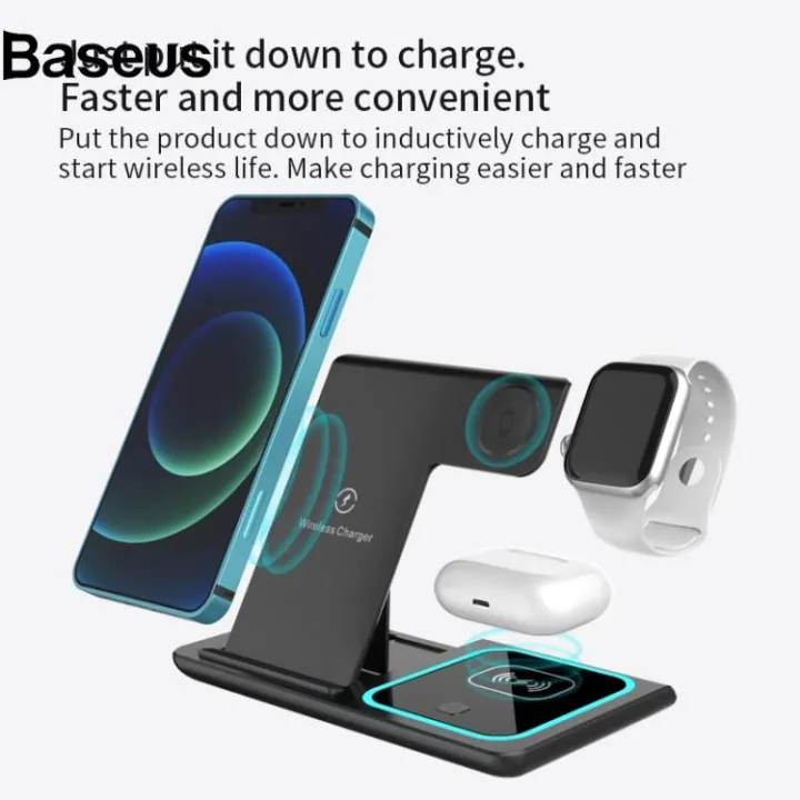 Baseus X455 Foldable 3-in-1 15W Wireless Charger Desktop Qi Fast Charging Stand Dock for iPhone Android iWatch AirPods