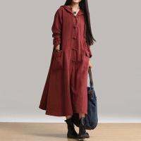 EaseHut Hooded Long Sleeve Women Maxi Long Dress Chinese Style Front Qipao Pockets Loose Casual Plus Size Spring Autumn Dresses