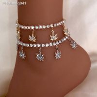 Caraquet Shining Crystal Maple Leaf Anklets for Women Gold Silver Color Full Rhinestone Tennis Chain Ankle Bracelet Jewelry Gift