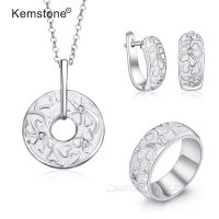 Kemstone White Enamel Ceramic Copper Flower Jewelry Set Women Female Flowers Pendant Necklace Ring Hoop Earrings Gift