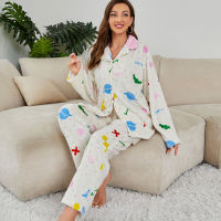 Winter Pajamas Woman Korean Cartoon Plaid Pants Home Clothes Flannel Turn-down collar Suits Trouser Piece Two Sleepwear