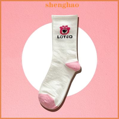 shenghao ถุงน่องสีชมพูสำหรับผู้หญิง, ถุงน่องลายการ์ตูนหมีน่ารักสไตล์นักศึกษาฤดูใบไม้ร่วงฤดูหนาว