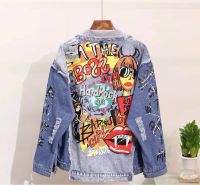 Jaket Denim Wanita Musim Gugur Dan Musim Dingin Jalan Hipster Abstrak Cetak Tambalan Lengan Panjang Longgar