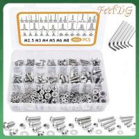 FEELDG 460Pcs M2.5 M3 M4 M5 M6 M8 ประเภทสกรูเมตริก ขนาด22นิ้ว 304สแตนเลสสตีล สกรูฝาครอบซ็อกเก็ต hex หัวปุ่ม พร้อมประแจหกเหลี่ยม6ตัว Bolts NUTS washers Assortment KIT มืออาชีพด้านการ