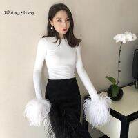 WHITNEY WANG Designer Style 2022 Spring Fashion Streetwear Feathers Cuff Sleeve Slim T-Shirt Women Tees Lady Tops