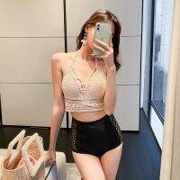 HOT14★2023 New Design Korean Sexy Backless Shirt Plus Pant Grid Triangular Body Cover Belly Slimming Resort Hot Spring Swimsuit Women