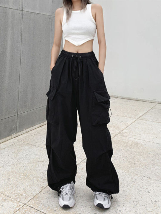 HOUZHOU Harajuku Parachute Pants Y2K Streetwear Wide Leg Baggy Cargo ...