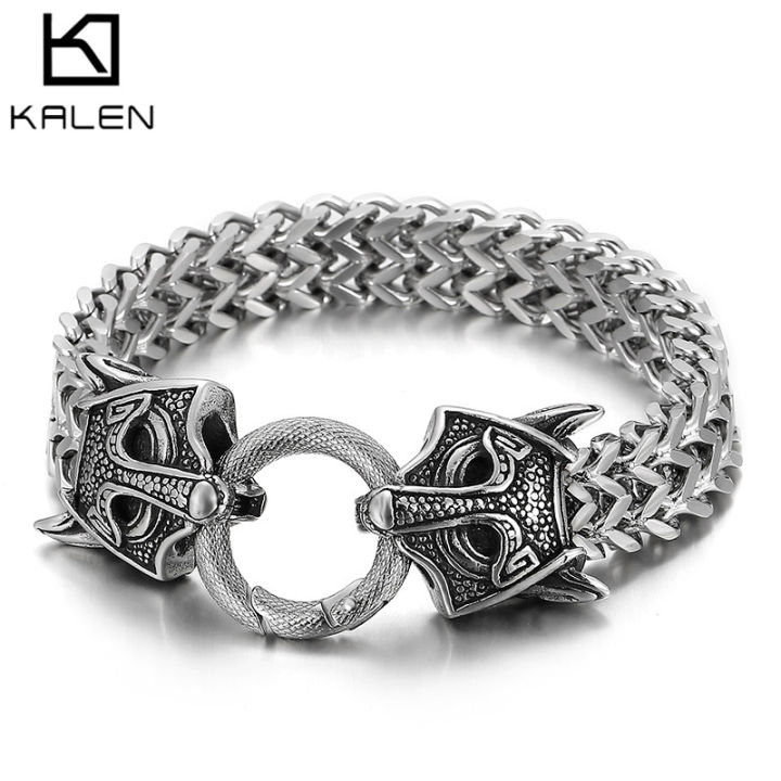 kalen-สร้อยข้อมือเหล็กสานสแตนเลสผู้ชายอุปกรณ์เสริมผ้าทอรูปสัตว์สองชั้นแบบย้อนยุคยอดนิยม
