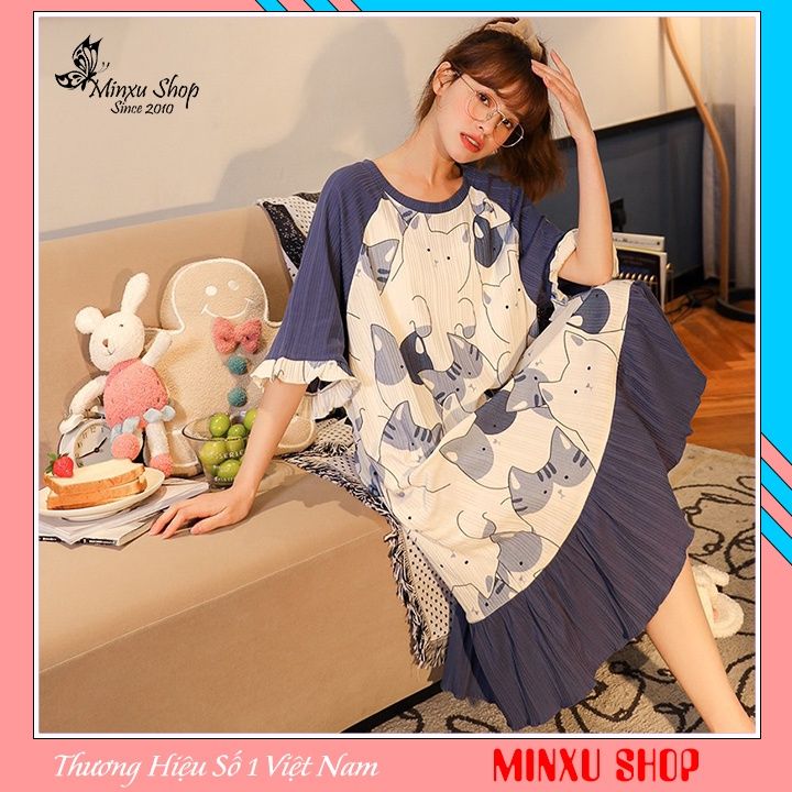 Váy ngắn tay dáng xuông Minxu shop, váy cotton cao cấp, đầm ngủ ...