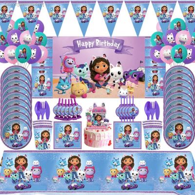 ☃☃ Gabby Dollhouse Cats Birthday Decoration Balloon Disposable Tableware Backdrop For Kids Gabby Doll House Figures Party Supplies