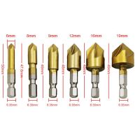 6ชิ้น Hss 5ขลุ่ยชุดบิตเจาะซิงค์เคาน์เตอร์90องศา1/4 "เครื่องตัดตัวตัดก้านหกเหลี่ยม Diy เครื่องมือไฟฟ้า6มม. 8มม. 9มม. 12มม. 16มม. 19มม.