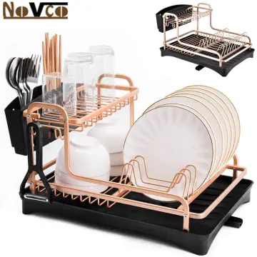 Aluminum Dish Drying Rack, Counter Rustproof Dish Storage with Cutlery  Holder, Removable Drainer Tray, Rose Gold 