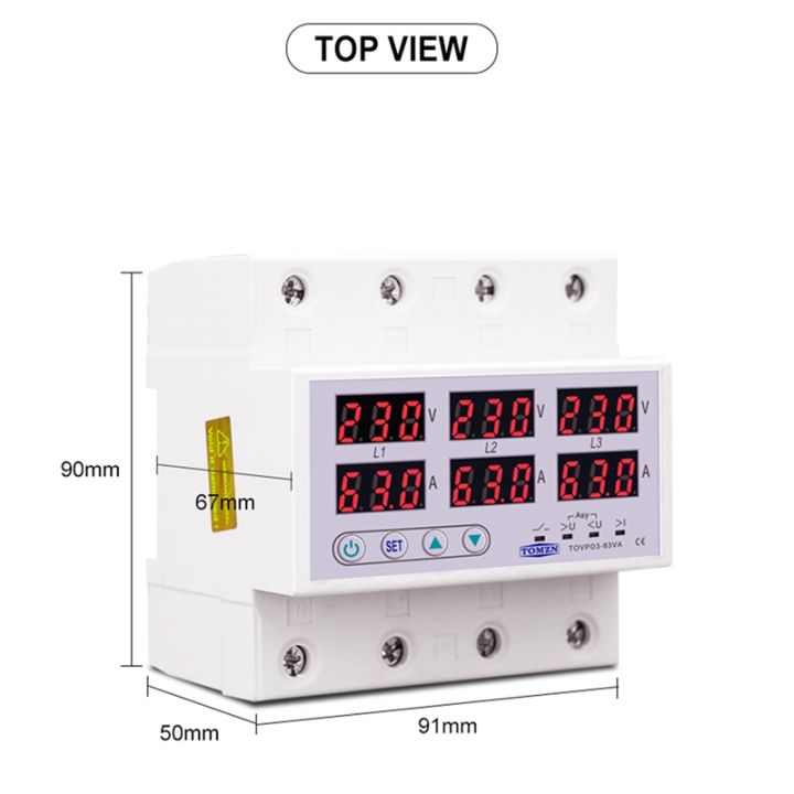 tomzn-din-rail-3-phase-voltage-relay-3p-n-voltmeter-ammeter-over-and-under-voltage-monitor-relays-protector-63a-230v-with-n