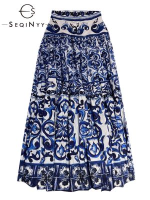 SEQINYY 100% ฤดูร้อนกระโปรงผ้าฝ้ายผู้หญิง Sp การออกแบบแฟชั่นใหม่รันเวย์สีน้ำเงินเข้มพิมพ์ลายดอกไม้