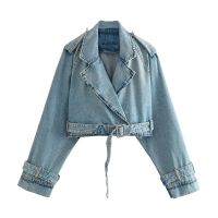 ♘❒▥ UNIZERA2023 New Womens Temperament Short Loose Denim Flap Lapel Buckle Coat