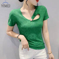 YIMEI เสื้อทีเชิ้ตผ้าแจ็คการ์ดแขนสั้นสไตล์เกาหลีสำหรับผู้หญิงเสื้อแฟชั่นประดับลูกปัดแบบกลวง2023ใหม่ฤดูใบไม้ผลิและฤดูร้อนสีฟ้าเพรียวบางของผู้หญิง