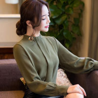 Women Clothing Fashion Simplicity Pleated Solid Color Chiffon Long Sleeve Blouse Autumn Office Lady Half High Collar Dignified