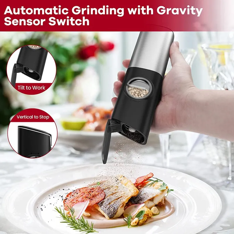 Electric Salt and Pepper Grinder Set, Gravity Sensor, 2 Pack