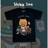 Shiba Inu " welcome home " Dog on Black Premium Cotton Comp 100 T-shirt เสื้อยืด สีดำ พรีเมียม ลายน้องหมาชิบะ