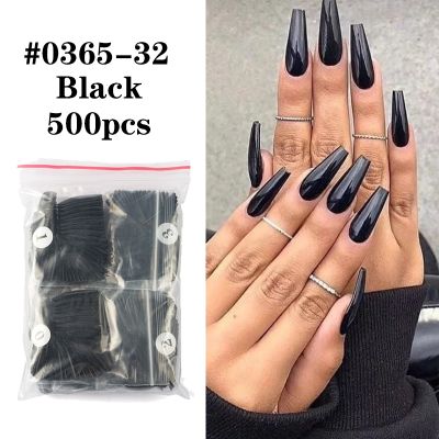 500pcs Black Pure Color Coffin False Nails Wearable Ballerina Fake Nails Art Full Cover Nail Tips Artificial Manicure Tool