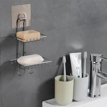 Adhesive Soap Dish Holder With Hooks Bath Shower Sponge Holder