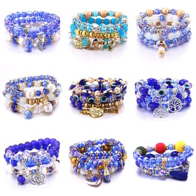 New Blue Heart Shaped Elastic Crystal Beaded Bracelet Women Fashion Pearl Bracelet Exquisite Jewelry Party Gift Drop shipping