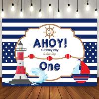 Ahoy Nautical Boy Happy 1st Birthday Backdrop Blue Stripes Boat Little Baby Boy One Year Old Photography Background Photo Banner Banners Streamers Con