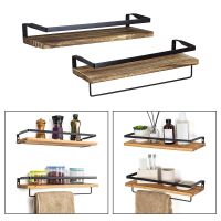 Wood Floating Shelves Wall Mounted Bathroom Shelf Rustic Storage Shelves with Removable Towel Holder for Kitchen Living Room