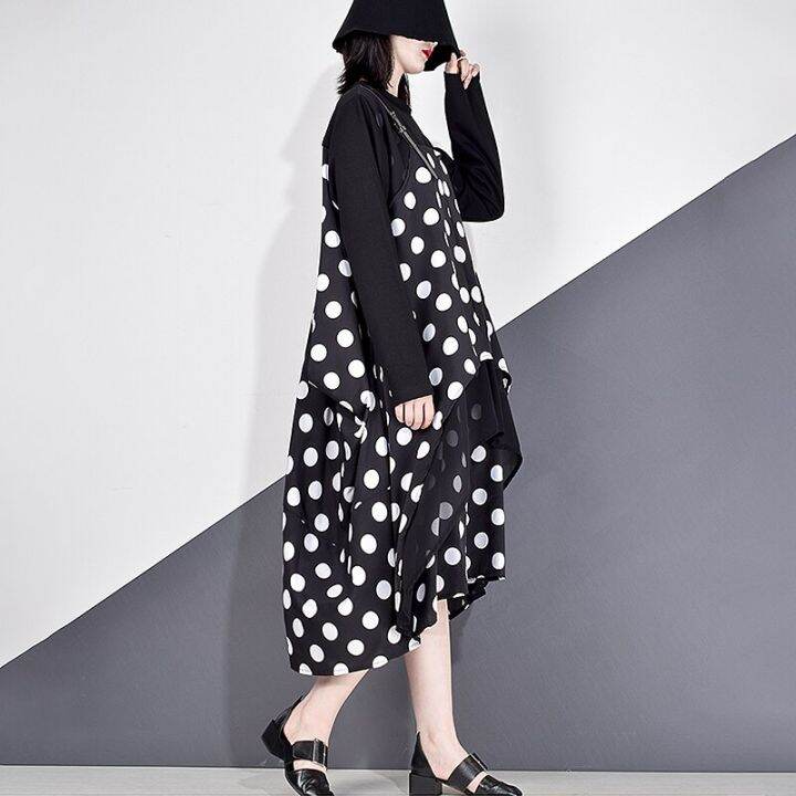 xitao-dress-dots-patchwork-casual-women-loose-long-sleeve-dress