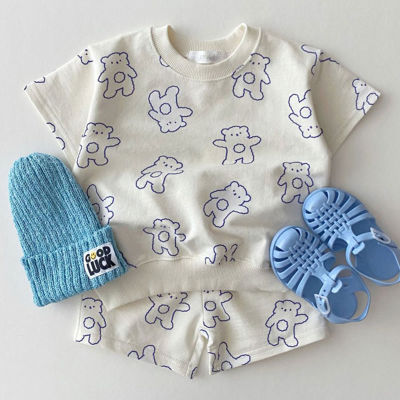 MILANCEL  Baby Suit Bear Print 2Pcs Cute Tees and Shorts Toddler Set Korean Infant Clothes