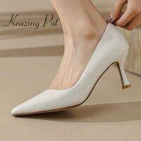 Krazing Pot genuine leather pointed toe stiletto high heels office lady daily wear concise style shallow slip on women pumps L18