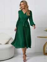 【CW】 2023 European spring/summer women new long sleeved slim fit pleated belt V neck dress pullover A line