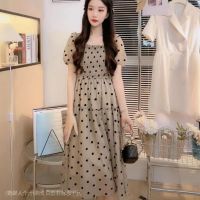 COD IOED95 Dress Korean Style Puff Sleeve Gentle High Waist Long Skirt Pleated Dress Elastic New Female 2022 High-End Square Neck Summer