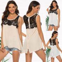 Fashion model shop Womens Fashion O-neck Sleeveless Tops Lady Lace Stitching T-shirt