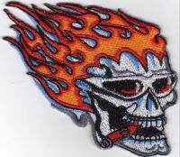 iron on patch Embroidery Skull Fire Flames Biker 9x6 cm กะโหลก ผี ไฟ ตัวรีดติดเสื้อ เย็บติดผ้าประเทศไทย โลโก้ปัก มีกาวสำหรับรีด ตกแต่งเสื้