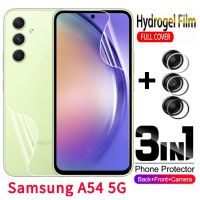 SamsungA54ฟิล์มกันหน้าจอแบบอ่อน5ก. 3in 1ป้องกันกล้องมองหลังไฮโดรเจลฟิล์มสำหรับ Samsung Samsung Galaxy A54 A14 LTE A 14 54 5ก. 4ก. ไม่ใช่กระจกเทมเปอร์ปกป้องคลุมทั้งหมดหลังด้านหน้า