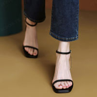 ouding รองเท้าแตะสไตล์ฝรั่งเศสสำหรับฤดูร้อน ส้นกลางหนา หัวเท้าเปิด สายรัดแบบหนึบ รองเท้าแตะแบบโรมันสำหรับผู้หญิง