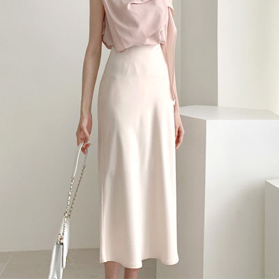 Summer Spring Women Elegant High Waist Satin Skirt Female Casual A-Line Midi Silk Fashion Skirt