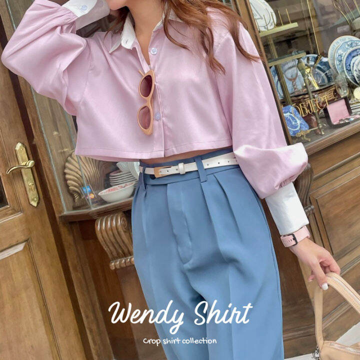 wendy-shirt-เสื้อเชิ๊ตคอปทูโทนแขนพอง