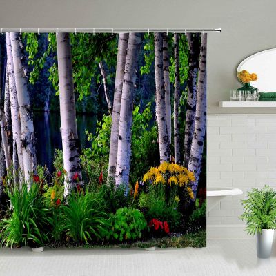 Modern 3D Printing Forest Landscape Shower Curtains Green Plant Tree Scenery Bath Curtain Set Garden Background Wall Decor Cloth