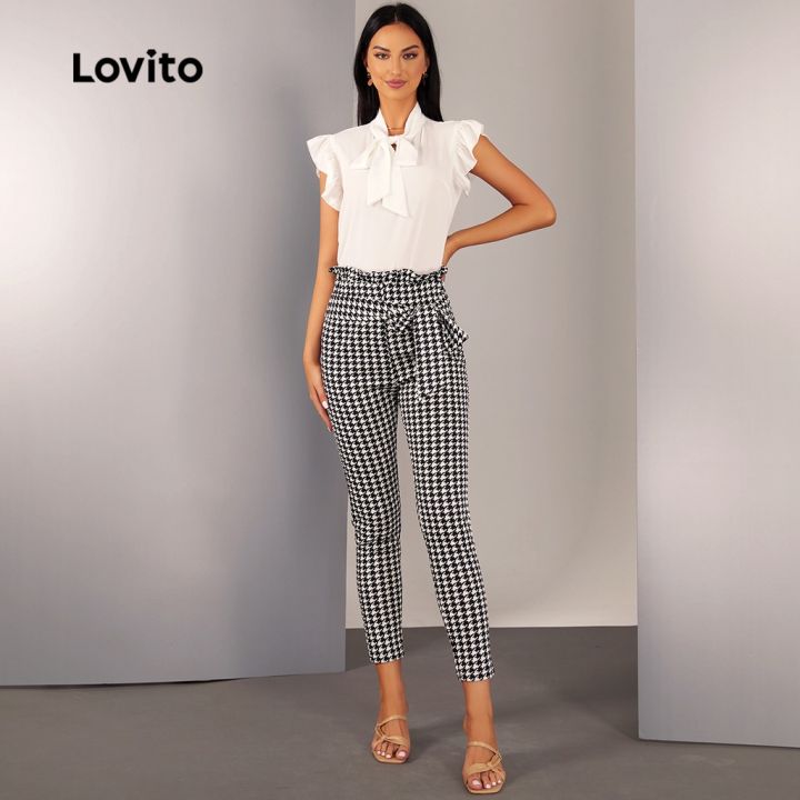 lovito-กางเกงขายาว-เอวยางยืด-ทรงถุงกระดาษ-มีเข็มขัด-ลายฮาวส์ทูธ-สง่า-l20d1561-สีดำ-และขาว