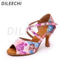 DILEECHI ดอกไม้ซาตินรองเท้าเต้นรำแบบละติน Salsa Party รองเท้าเต้นรำบอลรูม7.5ซม. ส้นสูง Soft Outsole