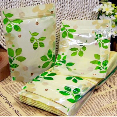 10Pcs Green Leaves Printed Transparent Window Ziplock Bag Dried Fruit Tea Sealing Food Packaging